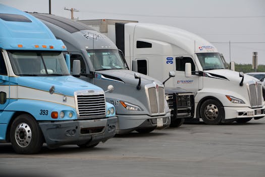A row of parked semi trucks in Eagle Pass, Texas, showcasing various models and colors.